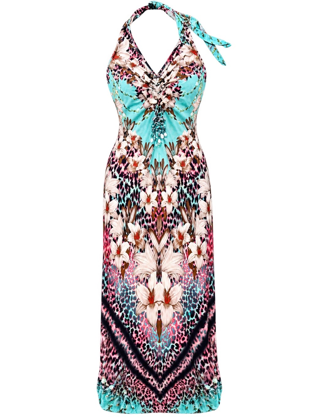 Turquoise & Pink Halter Long Floral Dress with Decorative Waist Detail